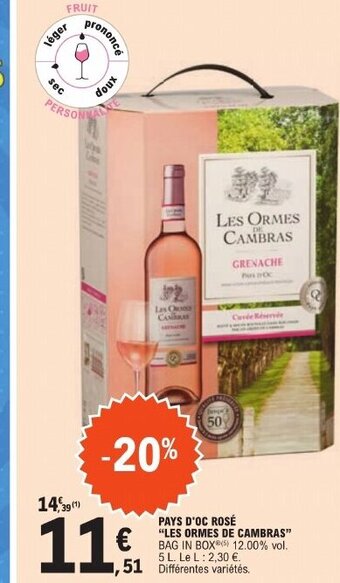 E.Leclerc PAYS D'OC ROSÉ "LES ORMES DE CAMBRAS offre