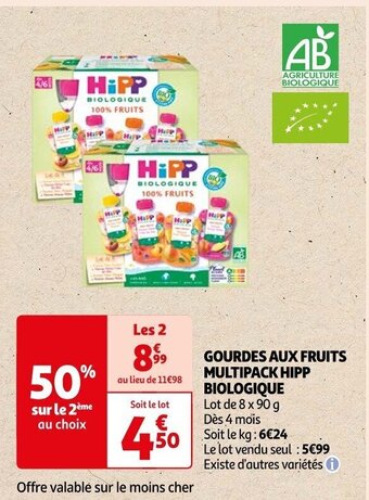 Auchan GOURDES AUX FRUITS MULTIPACK HIPP BIOLOGIQUE offre