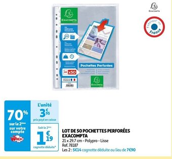 Auchan LOT DE 50 POCHETTES PERFORÉES EXACOMPTA offre