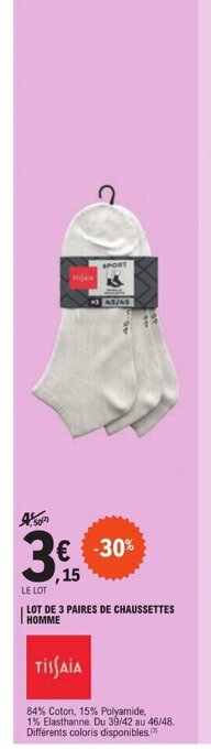 E.Leclerc LOT DE 3 PAIRES DE CHAUSSETTES HOMME offre