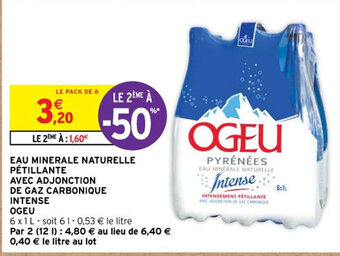 Intermarché EAU MINERALE NATURELLE PÉTILLANTE AVEC ADJONCTION DE GAZ CARBONIQUE INTENSE OGEU offre