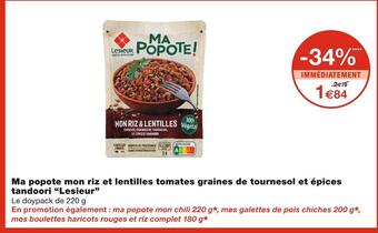 Monoprix Lesieur ma popote mon riz et lentilles tomates graines de tournesol et épices tandoori offre