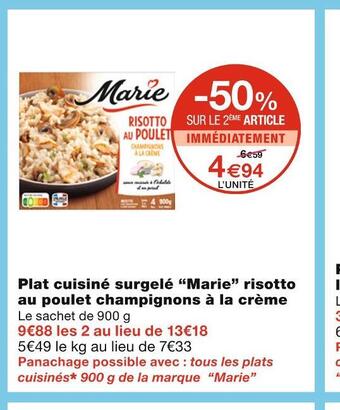 Monoprix Marie plat cuisiné surgelé risotto au poulet champignons à la crème offre