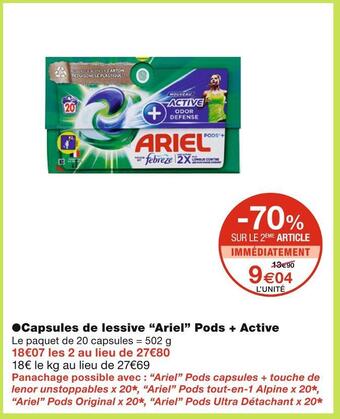 Monoprix Ariel capsules de lessive pods + active offre
