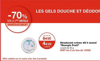 Monoprix Energie fruit déodorant crème 48 h monoï offre