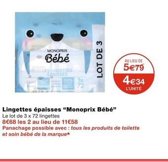 Monoprix Monoprix bébé lingettes épaisses offre