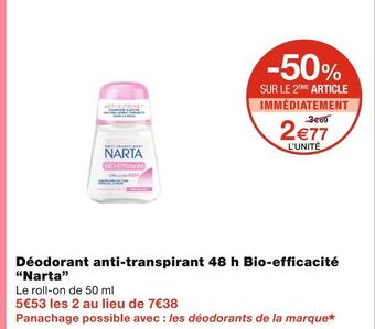 Monoprix Narta déodorant anti-transpirant 48 h bio-effi cacité offre