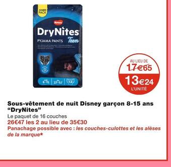 Monoprix Drynites sous-vêtement de nuit disney garçon 8-15 ans offre