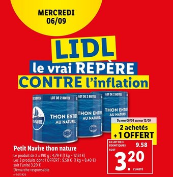 Lidl Petit Navire thon nature offre