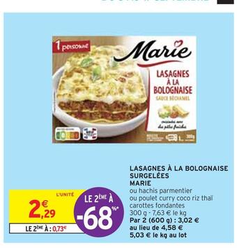 Intermarché Marie lasagnes à la bolognaise surgelées offre