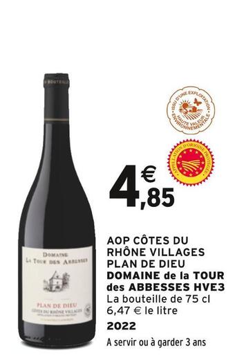 Intermarché Domaine de la tour des abbesses aop côtes du rhône villages plan de dieu hve3 offre
