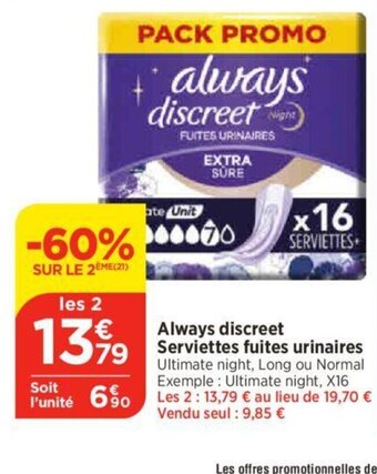 Bi1 Always discreet Serviettes fuites urinaires offre