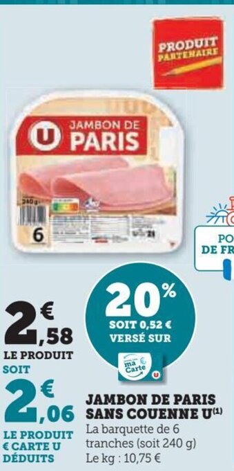 Hyper U JAMBON DE PARIS SANS COUENNE U offre