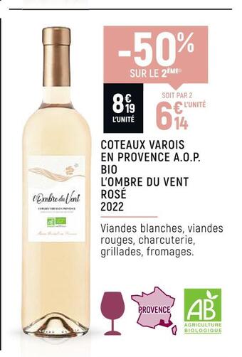 Spar Coteaux varois en provence a.o.p. bio l’ombre du vent rosé 2022 offre