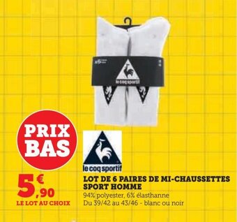 Hyper U LOT DE 6 PAIRES DE MI-CHAUSSETTES SPORT HOMME offre