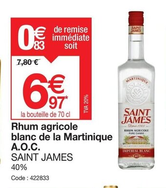 Promocash Rhum Agricole Blanc De La Martinique A.O.C offre