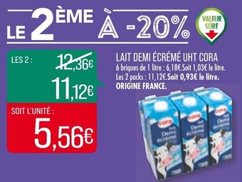 Match LAIT DEMI ÉCRÉMÉ UHT CORA offre