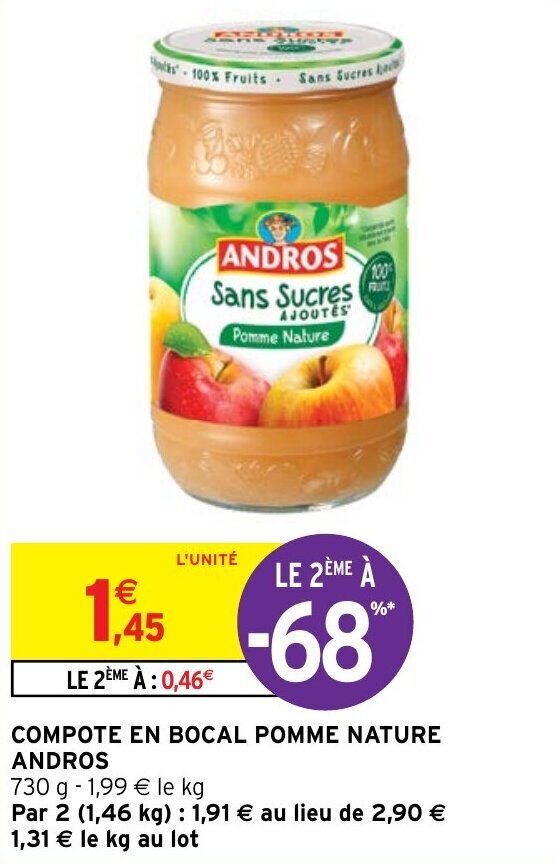 Promo COMPOTE EN BOCAL POMME NATURE ANDROS chez Intermarché Hyper