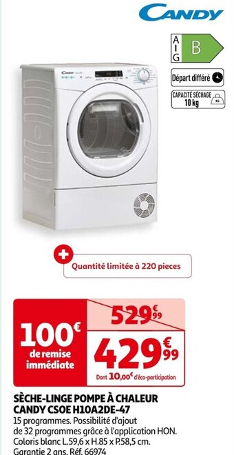 Auchan SÈCHE-LINGE POMPE À CHALEUR CANDY CSOE H10A2DE-47 offre