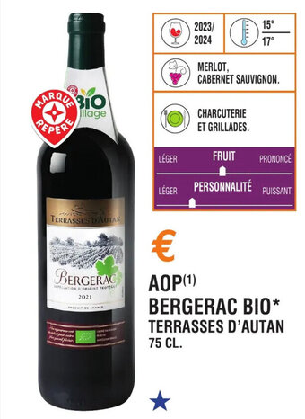E.Leclerc AOP (¹) BERGERAC BIO* TERRASSES D'AUTAN 75 CL. offre