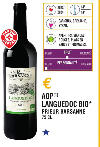 E.Leclerc AOP(¹) LANGUEDOC BIO* PRIEUR BARSANNE 75 CL. offre