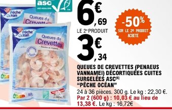 E.Leclerc QUEUES DE CREVETTES PENAEUS VANNAMEI DÉCORTIQUÉES CUITES SURGELÉES ASC PÊCHE OCÉAN offre