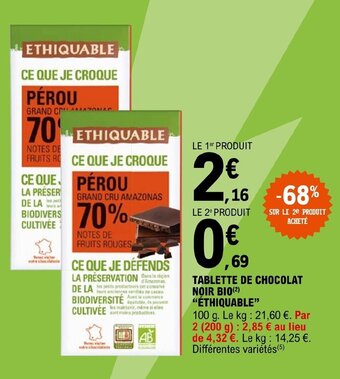 E.Leclerc TABLETTE DE CHOCOLAT NOIR BIO ÉTHIQUABLE offre