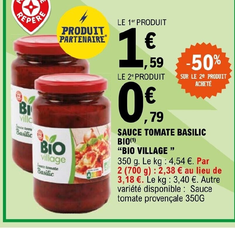 Promo SAUCE TOMATE BASILIC BIO VILLAGE chez E.Leclerc