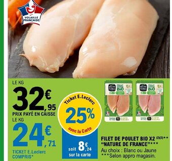E.Leclerc FILET DE POULET BIO X2 NATURE DE FRANCE offre