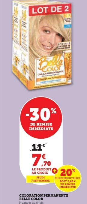 Hyper U COLORATION PERMANENTE BELLE COLOR offre