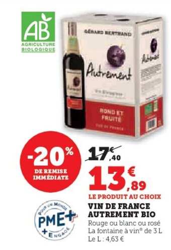Hyper U VIN DE FRANCE AUTREMENT BIO offre