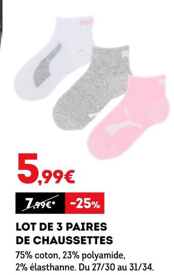 Sport 2000 Puma lot de 3 paires de chaussettes offre