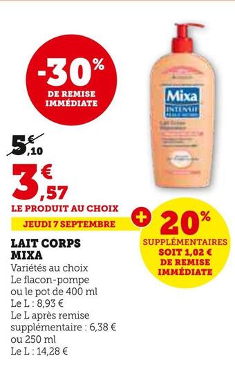Hyper U Mixa lait corps offre
