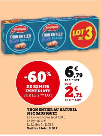 Hyper U Saupiquet thon entier au naturel msc offre