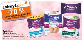 Colruyt Always discreet -70% remise immédiate sur le 2ème sur tous les produits de cet encart protections always discreet offre