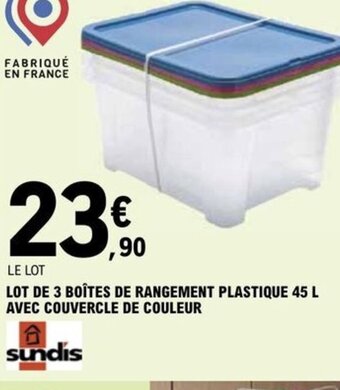 E.Leclerc LOT DE 3 BOÎTES DE RANGEMENT PLASTIQUE 45 L AVEC COUVERCLE DE COULEUR offre
