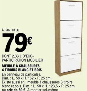 E.Leclerc MEUBLE À CHAUSSURES 4 TIROIRS BLANC ET BOIS offre