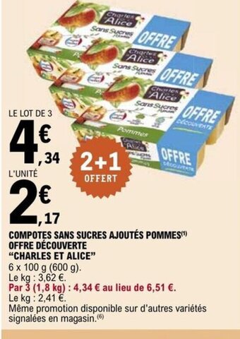 E.Leclerc COMPOTES SANS SUCRES AJOUTÉS POMMES OFFRE DÉCOUVERTE CHARLES ET ALICE offre