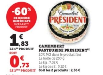 Super U CAMEMBERT PASTEURISE PRESIDENT offre