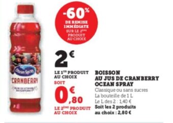 Super U BOISSON AU JUS DE CRANBERRY OCEAN SPRAY offre