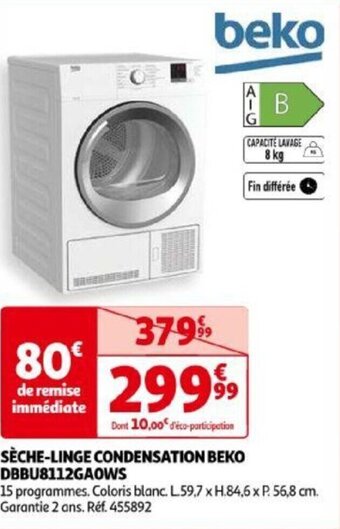Auchan SÈCHE-LINGE CONDENSATION BEKO DBBU8112GAOWS offre