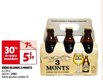 Auchan BIÈRE BLONDE 3 MONTS 6x33 cl offre