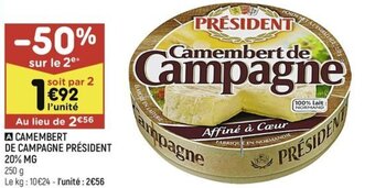 Leader Price CAMEMBERT DE CAMPAGNE PRÉSIDENT 20% MG offre