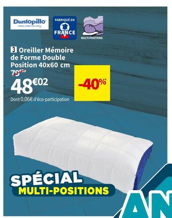 Conforama Dunlopillo oreiller mémoire de forme double position 40x60 cm offre