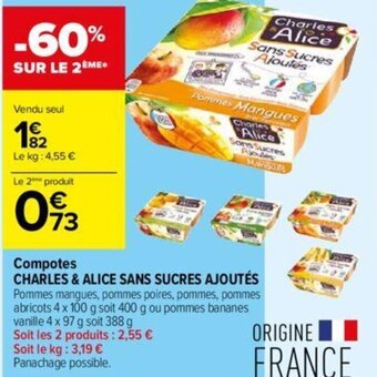 Carrefour Contact Compotes CHARLES & ALICE SANS SUCRES AJOUTÉS offre