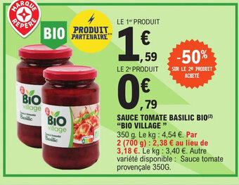 E.Leclerc Express SAUCE TOMATE BASILIC BIO BIO VILLAGE offre