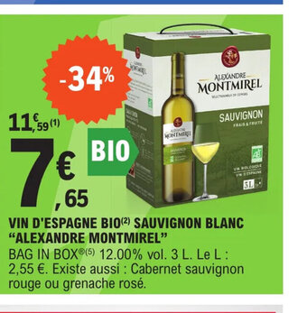 E.Leclerc Express VIN D'ESPAGNE BIO SAUVIGNON BLANC ALEXANDRE MONTMIREL offre