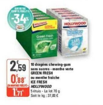 G20 10 dragées chewing-gum sans sucres -menthe verte GREEN FRESH HOLLYWOOD offre