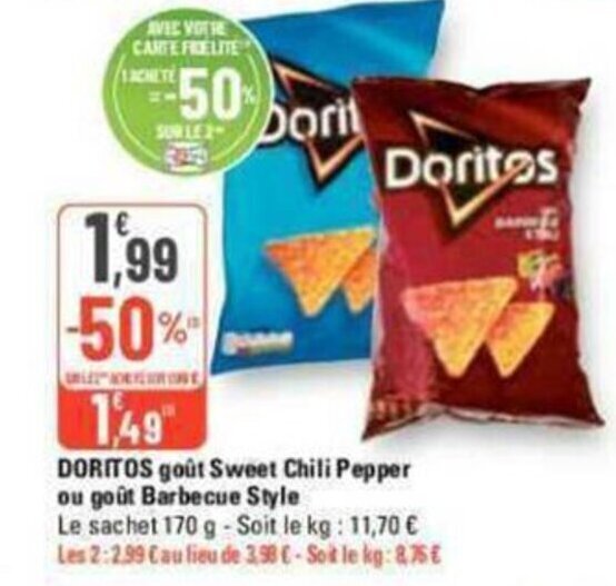 Promo DORITOS goût Sweet Chili Pepper ou goût Barbecue Style chez G20