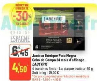 G20 Jambon Ibérique Pata Negra Cebo de Campo 24 mois d'affinage LABEYRIE offre